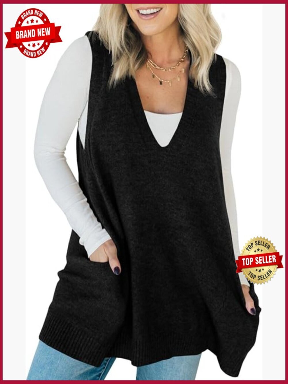 Sleeveless Sweater Vest V Neck Casual Loose Knit A Line Tunic Top with Pockets
